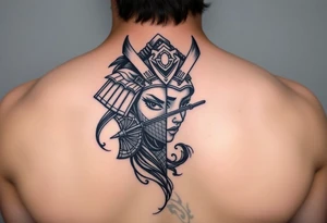 Samurai beauty  girl half face and half
 with a fan across her face tattoo idea