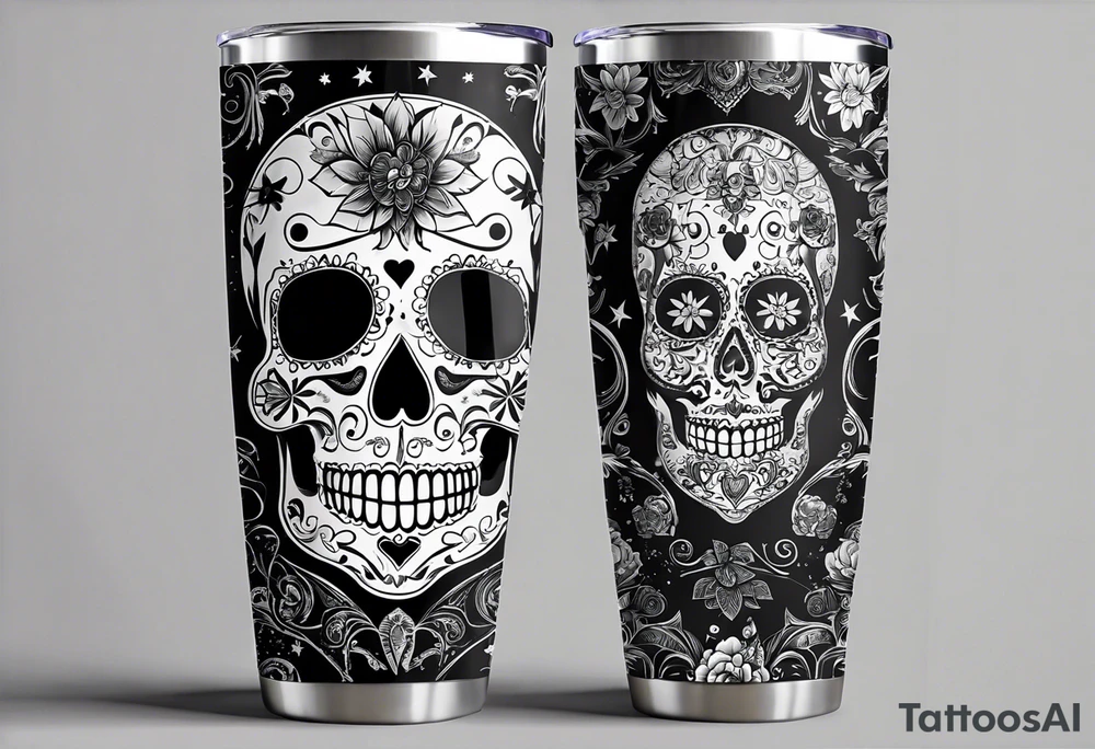 sugar skull, 20 oz tumbler banner design, candy, minimalist, spellbound, voodoo, cat, moon, stars tattoo idea