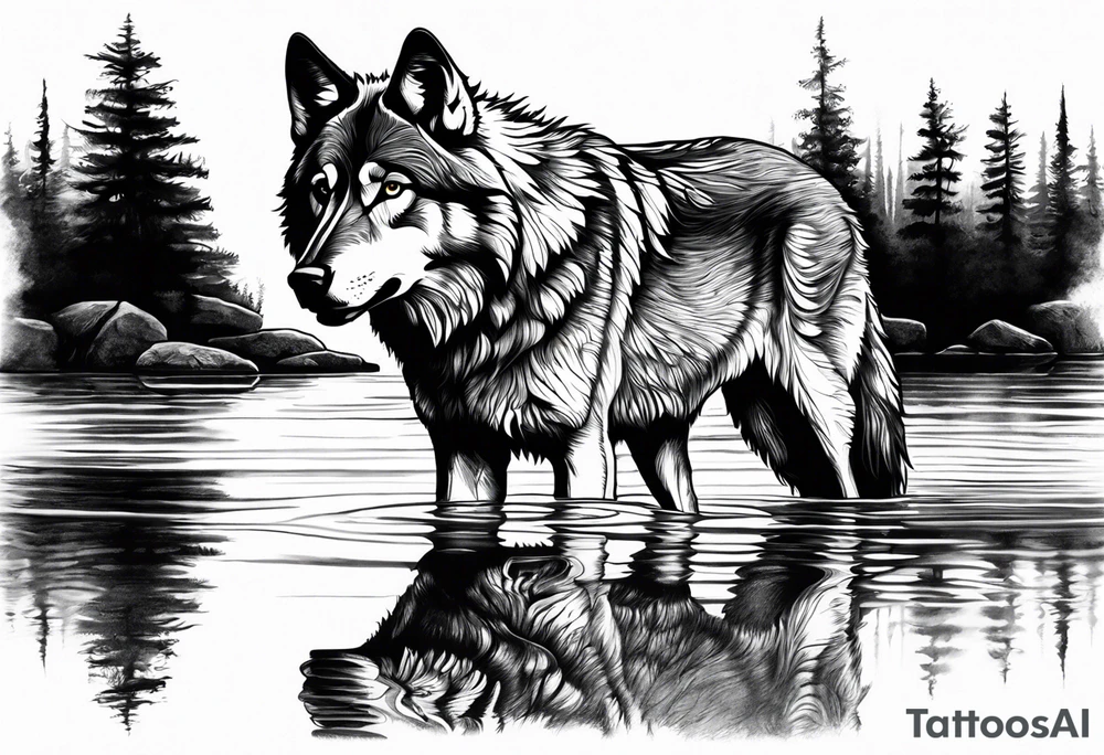 adult wolf standing alone at edge of water seeing him as a wolf pup in his reflection tattoo idea