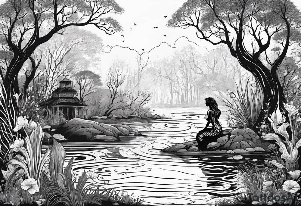 Mermaid silhouette in a swamp with trees and music. tattoo idea