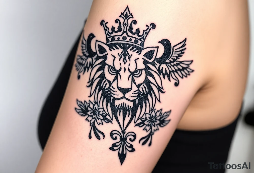 powerful majestic lion with a crown, surrounded by floral ornaments and birds tattoo idea