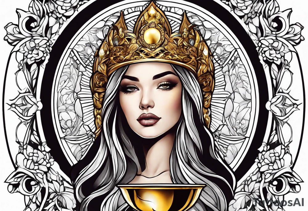 woman holding chalice surrounded by golden halo tattoo idea