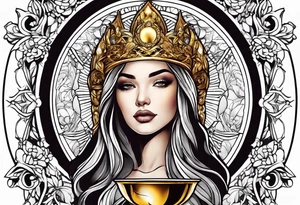 woman holding chalice surrounded by golden halo tattoo idea