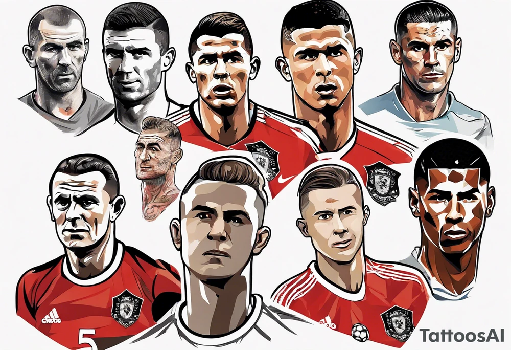 Rooney, Ronaldo, Best, Charlton, Cantona and Rashford at a table tattoo idea