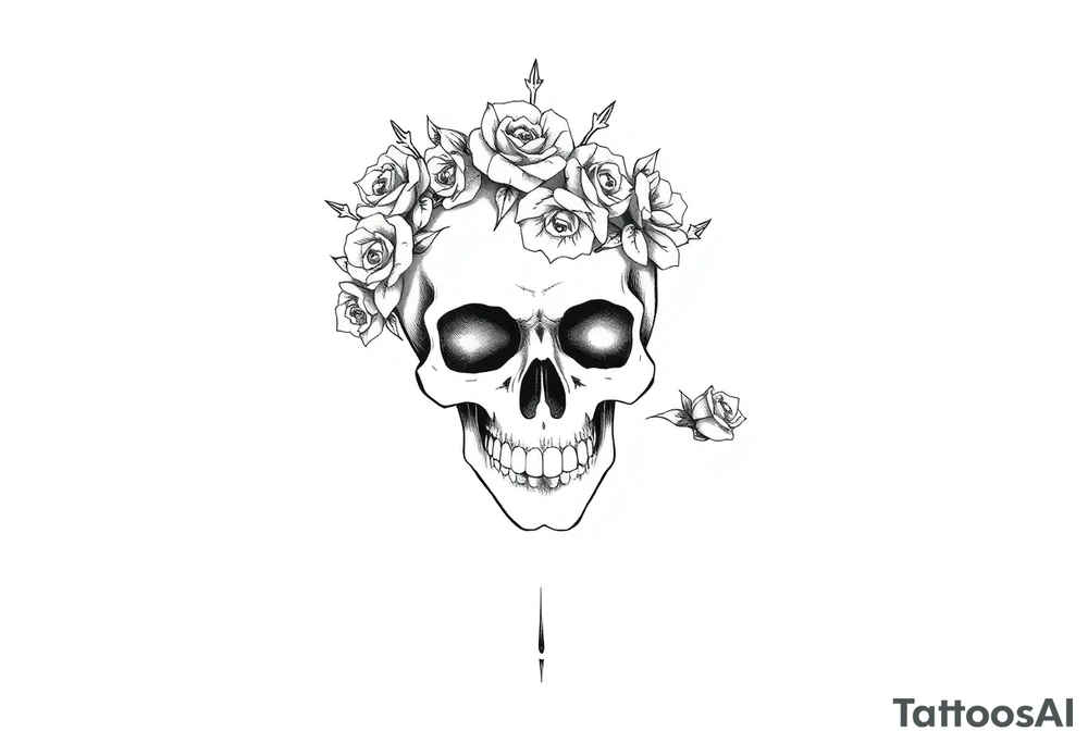 ornate skull adorned with crown of wild roses and thorns tattoo idea