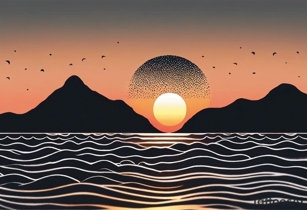 This tattoo needs to be incredibly simple and minimal. It's a sunset from the perspective of being on a boat on the ocean. The waves are very calm and there is no land in site. There are slight reflections of the sun on the water. The tattoo will be in landscape orientation. Mostly black with small splashes of color from the sun. There should be no objects in the tattoo besides the sun, water, and maybe some clouds and a bird or two. No land or boats. tattoo idea
