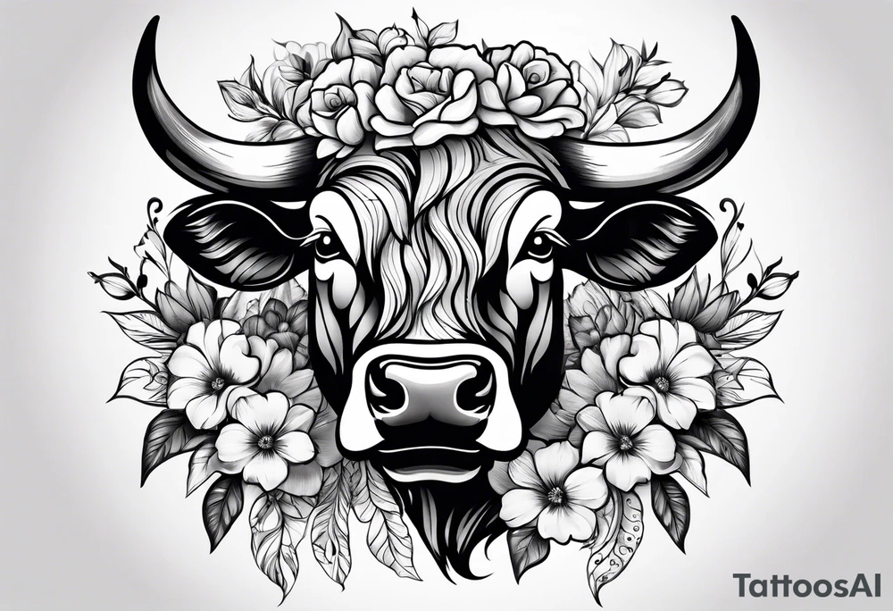 bull with flowers feminine tattoo idea