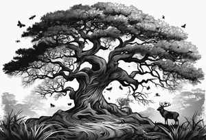A half sleeve tattoo composed of a detailed African oak tree with bark, animals, branches, leaves, roots, and insects. tattoo idea