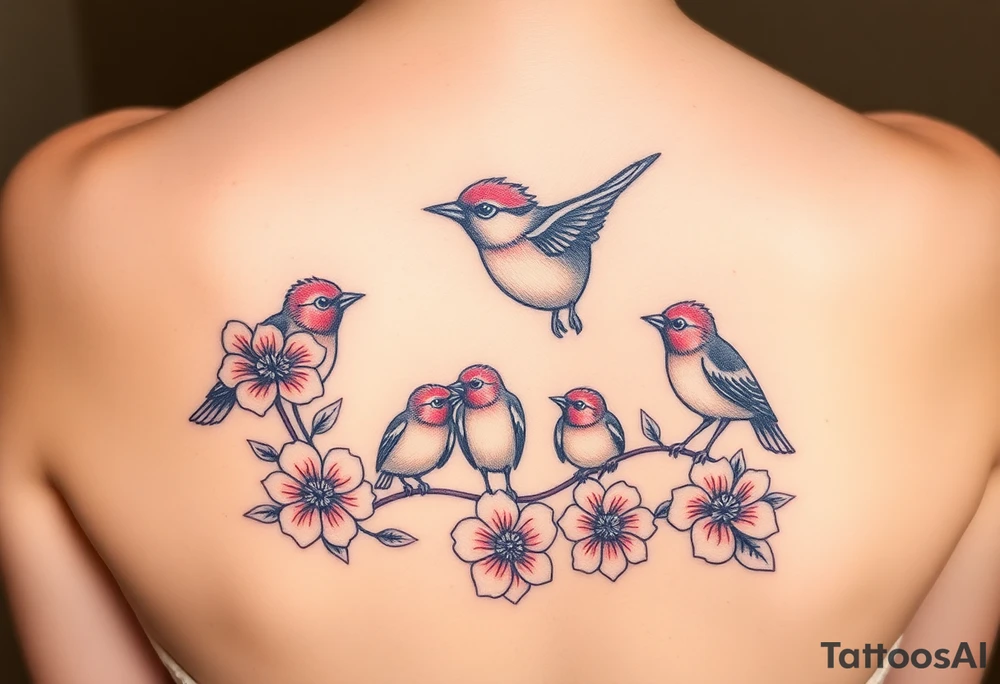 Mom bird and three baby birds with flowers tattoo idea