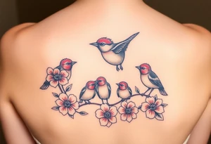Mom bird and three baby birds with flowers tattoo idea