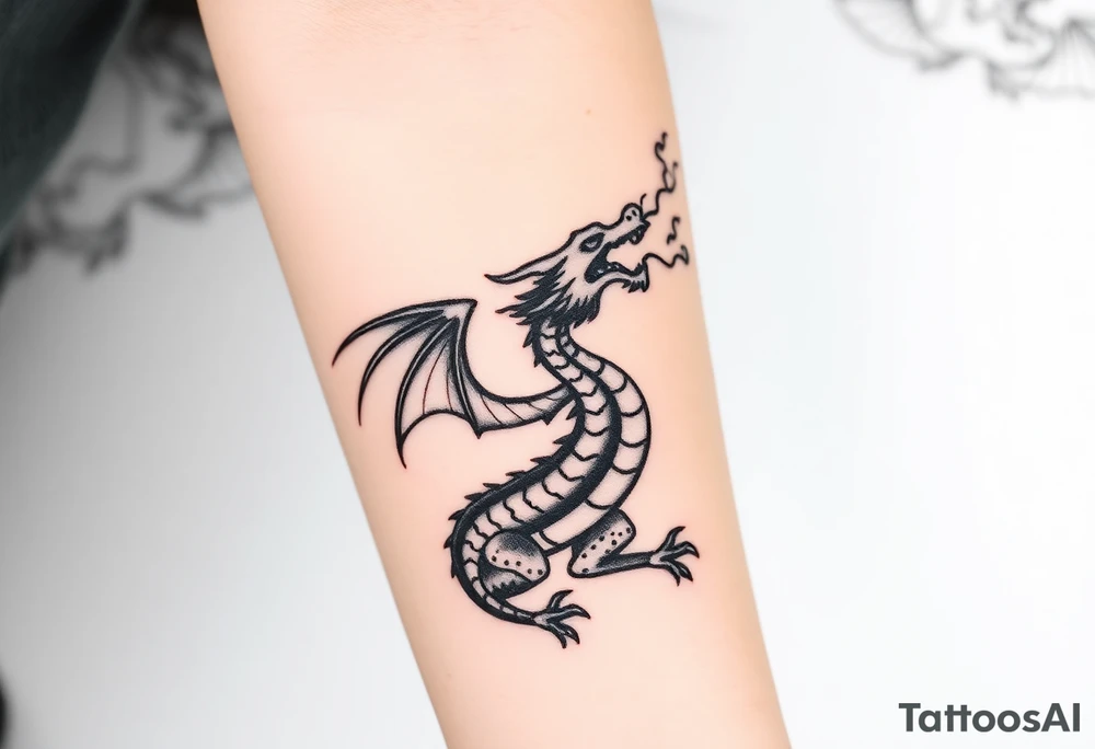 fierce dragon breathing iridescent fire against stormy skies tattoo idea