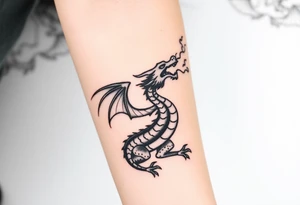 fierce dragon breathing iridescent fire against stormy skies tattoo idea