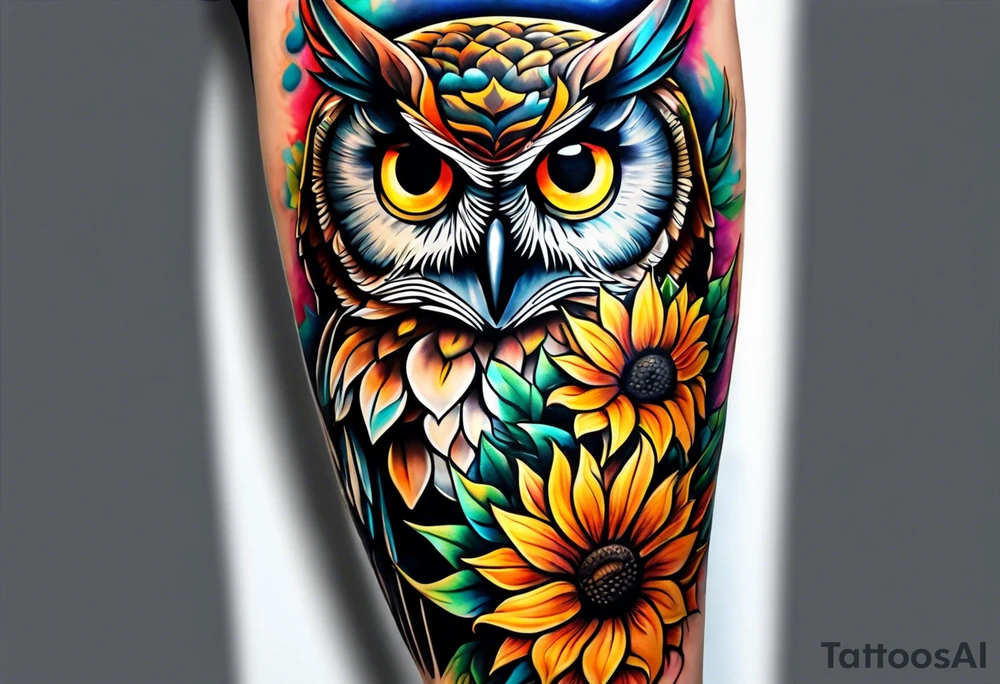 Leg sleeve with colorful sunflowers and an owl tattoo idea