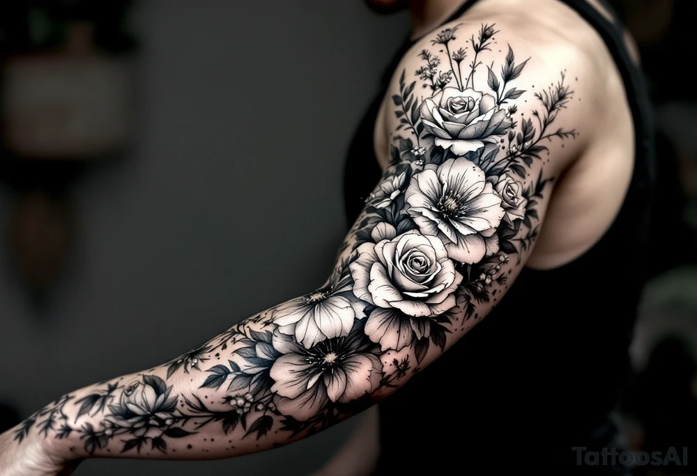 vintage bouquet of wild roses and meadow flowers with morning dew tattoo idea