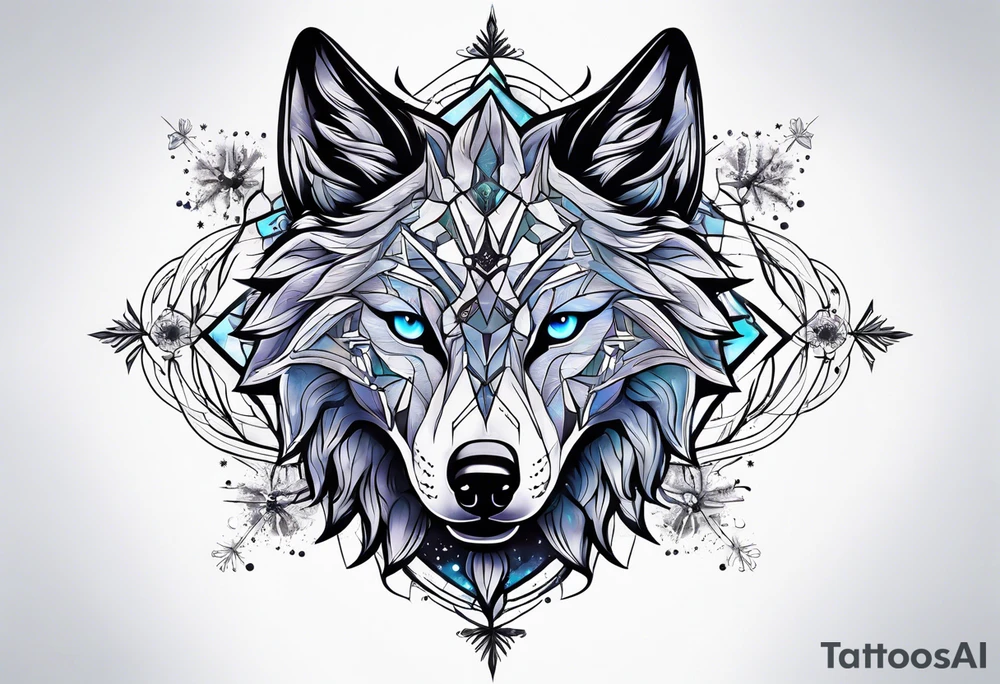 Constellation, two animal alien wolf, snowflake tattoo idea