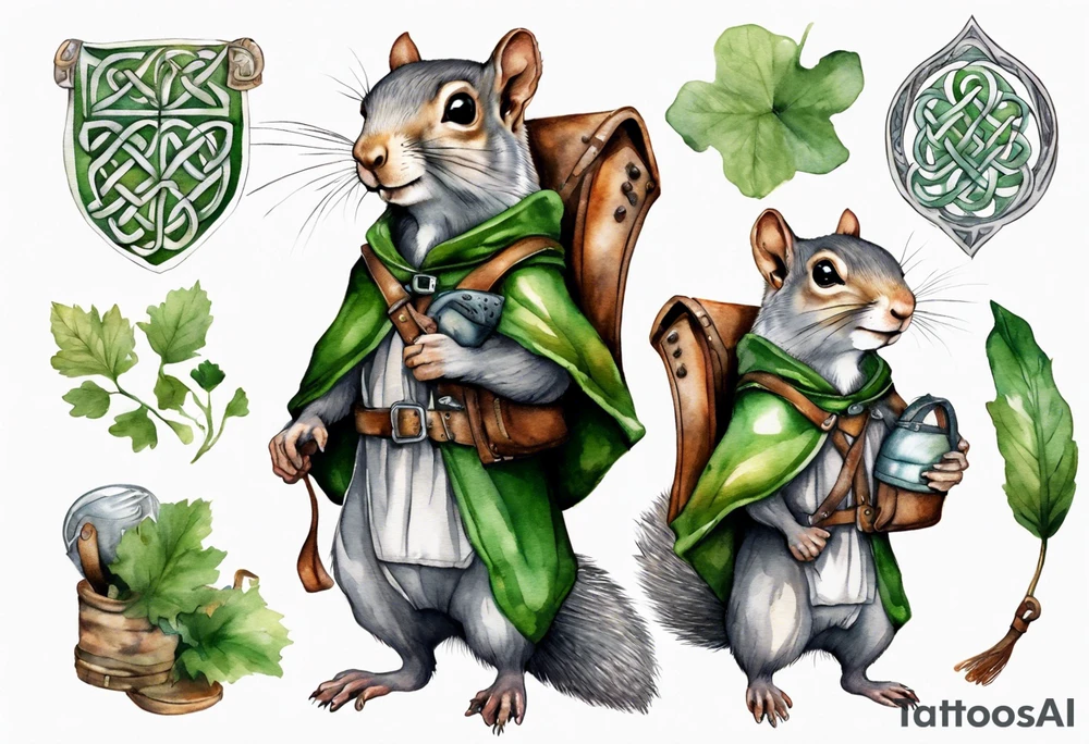 a grey squirrel dressed in a grey and green tunic wearing a medieval messenger bag tattoo idea