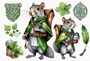 a grey squirrel dressed in a grey and green tunic wearing a medieval messenger bag tattoo idea