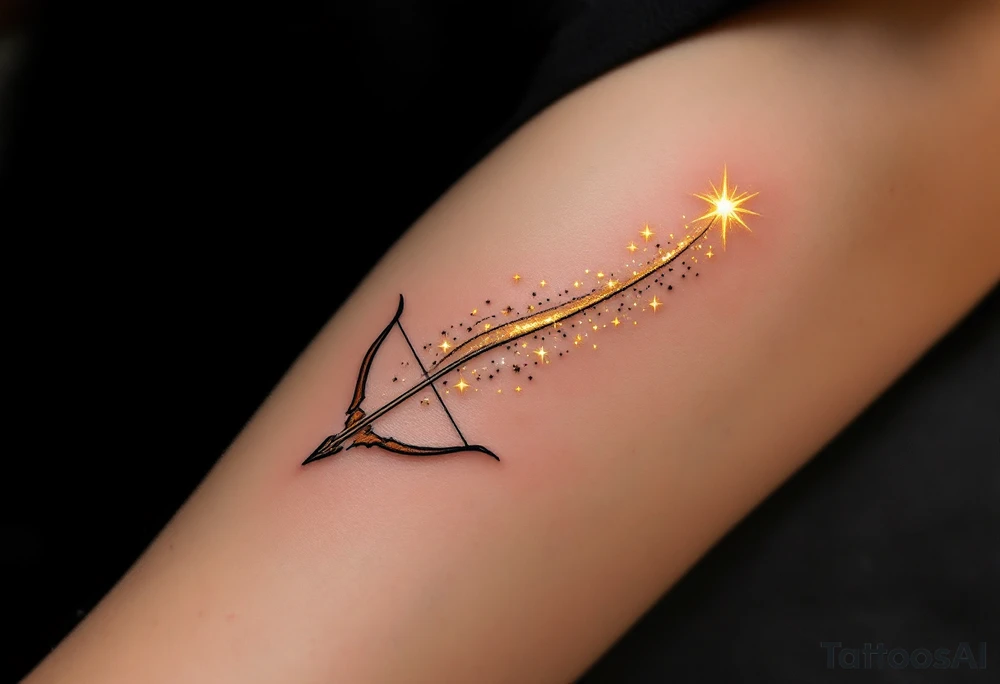 A shooting star with a long, flowing trail of golden past an archer's bow. The bow itself is earthy brown with a touch of copper highlights, while the star’s trail is dotted with bright yellow and white sparks, symbolizing Sagittarius' pursuit of dreams and ambitions. tattoo idea