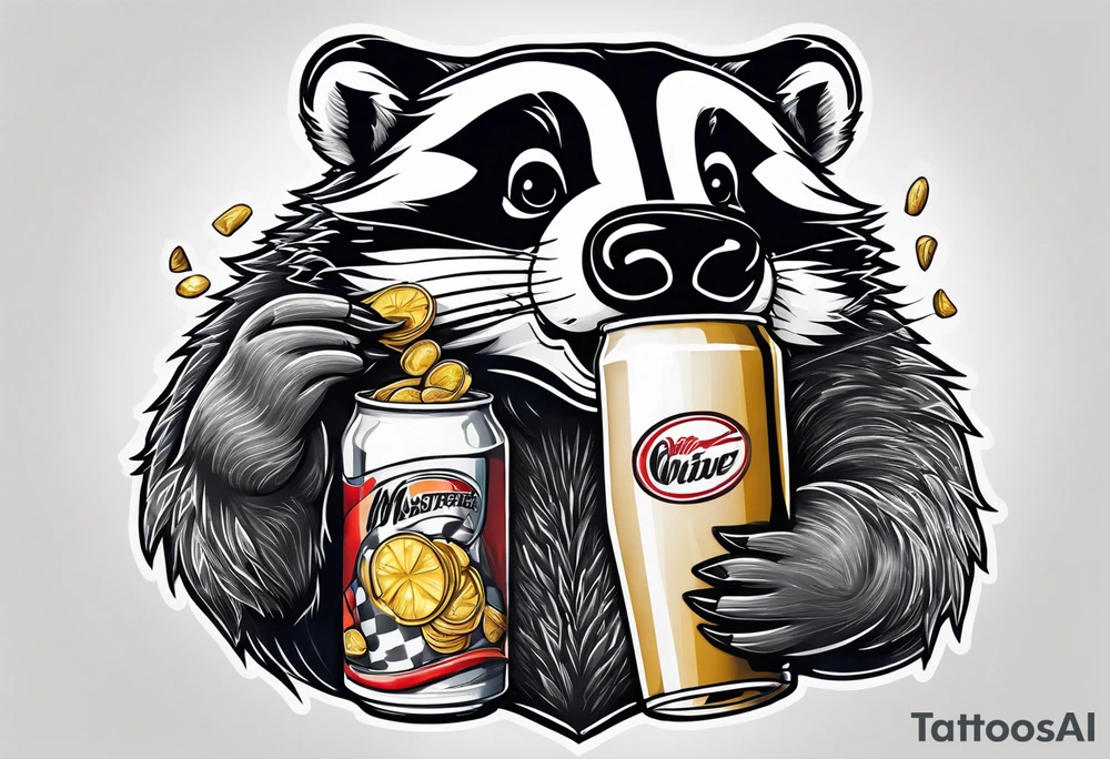 badger with mouth open with soda can and chips in hands tattoo idea