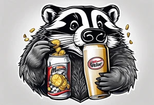 badger with mouth open with soda can and chips in hands tattoo idea