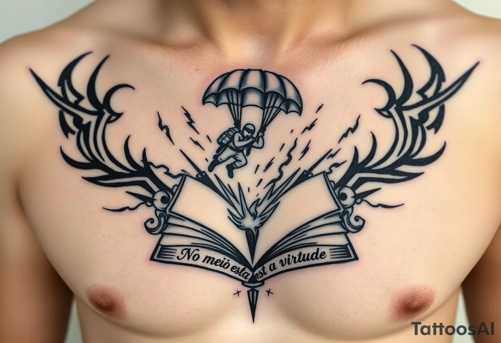 A parachuting soldier landing into an open book. Chaos surrounding, but the book is protecting the soldier from it. On the chest. Make the tattoo smaller. Make it thought provoking. "No meio esta a virtude" underneath the book. Make the chaos in the environment be a thunderstorm tattoo idea