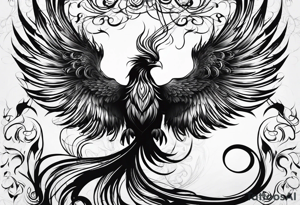 Evil Phoenix with classical smoke. Long wrapping tail. With a cross tattoo idea