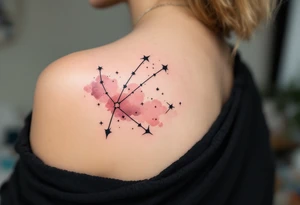The Sagittarius star constellation drawn in crisp black ink over a faded blush-pink watercolor cloud. tattoo idea