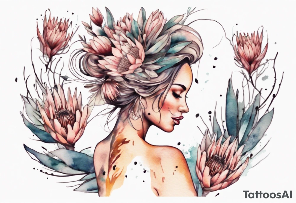 Very feminine tattoo with a woman dancing in a wind of protea flowers tattoo idea