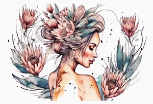 Very feminine tattoo with a woman dancing in a wind of protea flowers tattoo idea