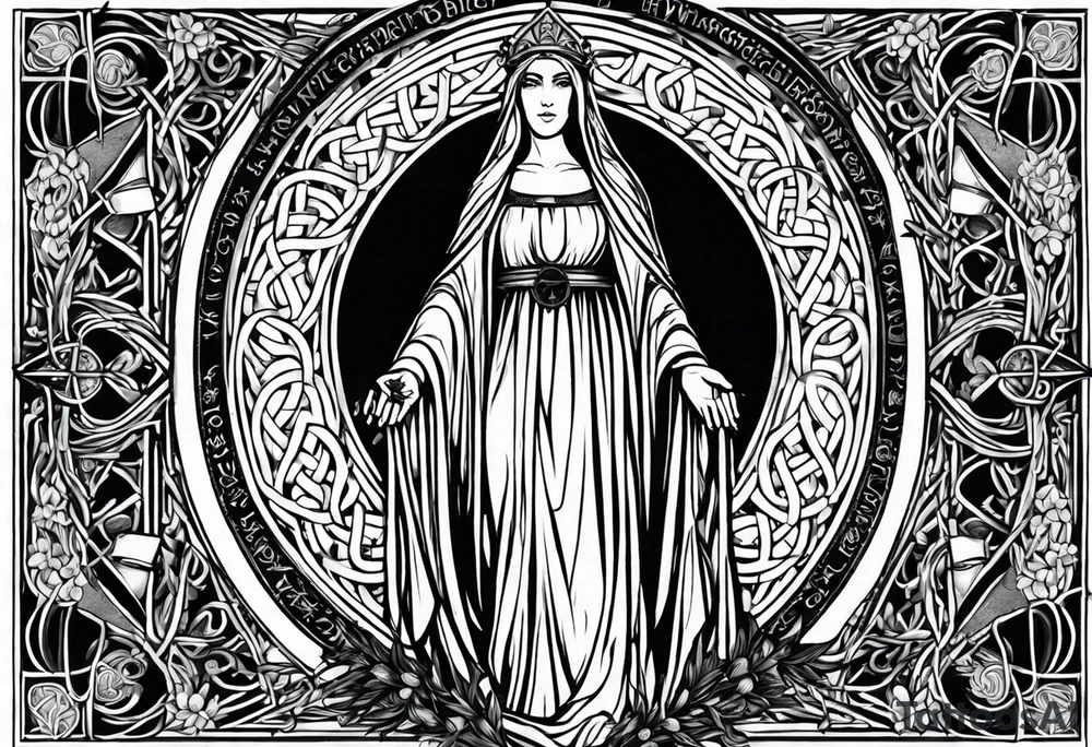 A full back piece themed on the surname mcbride and the irish saint brigid. It should take inspiration from artwork of saint brigid holding fire in her hands. It should have the text Vincit Pericula Virtus on it tattoo idea