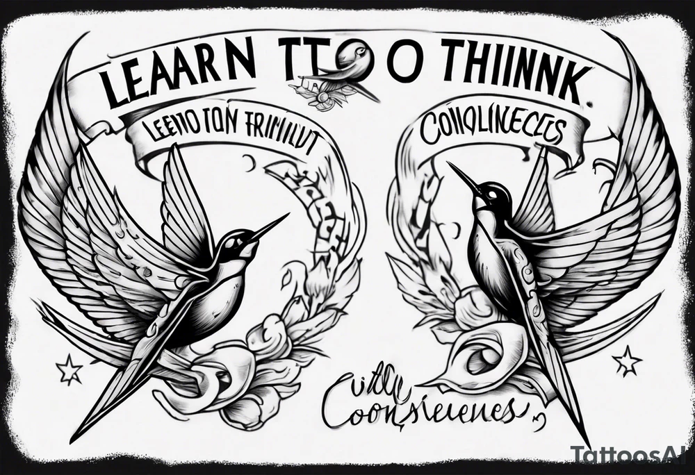 One Sketch of two swallows holding the inscription "learn to think, without consequences" in the traditional tattoo style tattoo idea