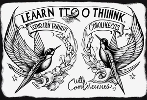 One Sketch of two swallows holding the inscription "learn to think, without consequences" in the traditional tattoo style tattoo idea