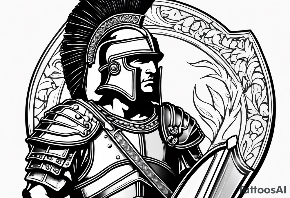 a black and white illustration of a roman soldier from AD 60, wearing armor which must include an armoured belt, breastplate, armoured shoes, shield, helmet and sword.
the soldier must look strong. the soldier is faceless. tattoo idea