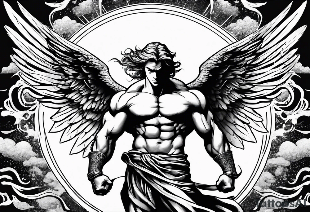 Angel in the pose of a superhero landing tattoo idea