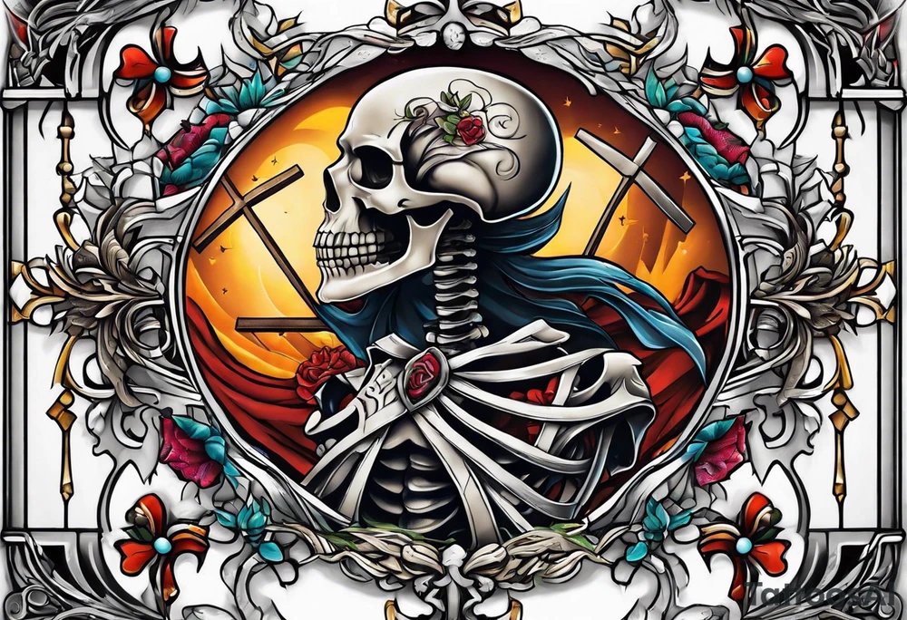skeleton walking with a cross tattoo idea