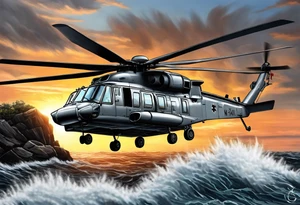 canadian military grey helicopter cyclone CH-148, a helicopter flying over rough water, Clear sky, sunset
, military art, ocean specular, highly detailed background, tattoo idea