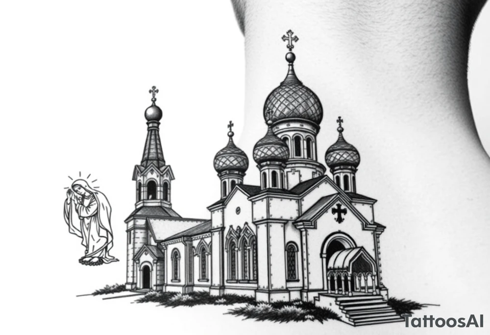 Russian orthodox church with bulb domes with a prominent russian orthodox style virgin mary stood outside to the left tattoo idea