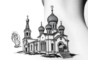 Russian orthodox church with bulb domes with a prominent russian orthodox style virgin mary stood outside to the left tattoo idea