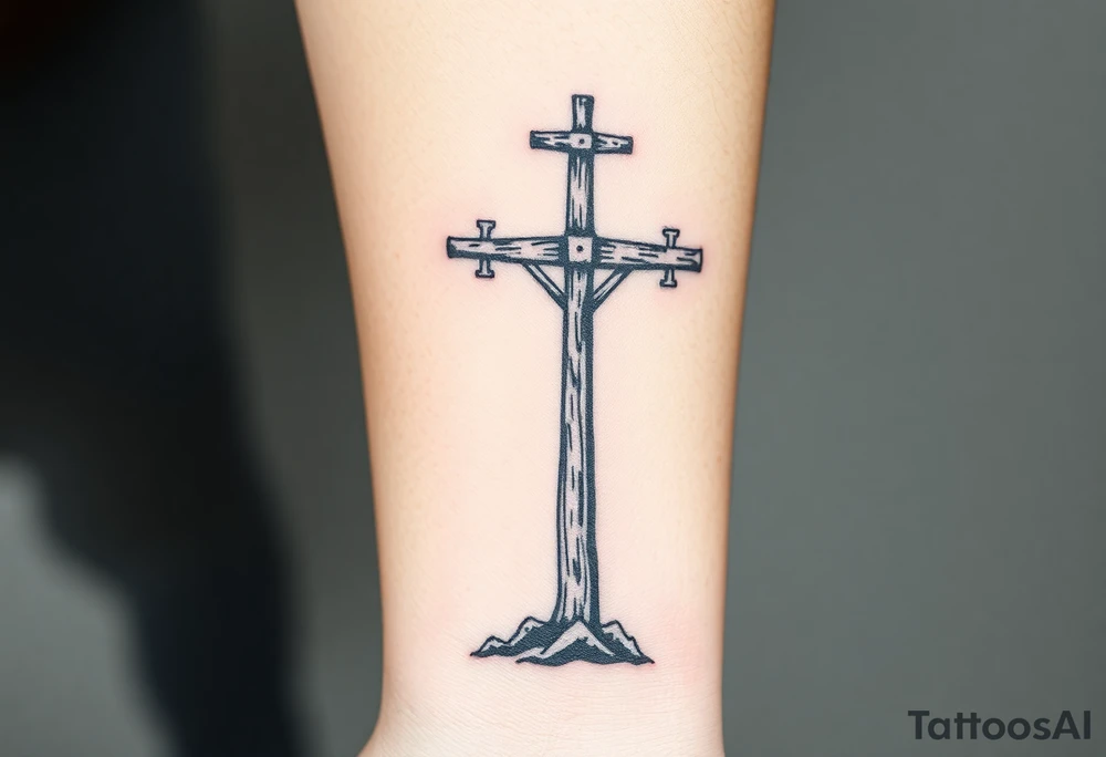 a wooden 12kv distribution pole. Make the pole a cross that has a hidden resemblance to god. tattoo idea