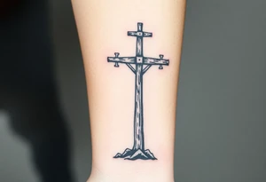 a wooden 12kv distribution pole. Make the pole a cross that has a hidden resemblance to god. tattoo idea
