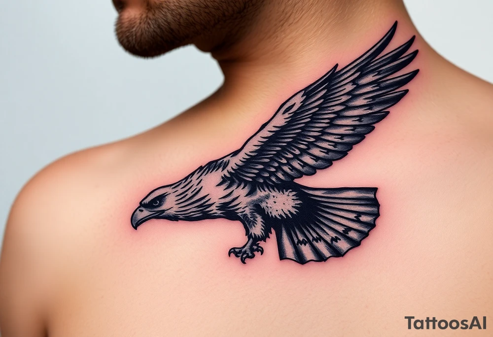 An eagle soaring over a Czech battlefield, carrying a battle-scarred flag, with dramatic light and shadow effects. tattoo idea