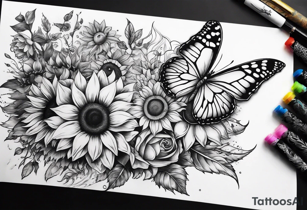 arm sleeve with winged cross, rainbow sunflowers and butterflies tattoo idea