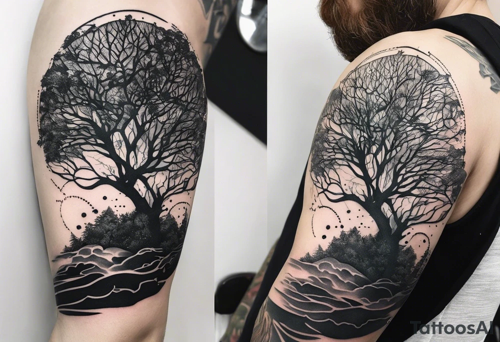 Sleeve tattoo of a technological tree that has some marine corps features tattoo idea