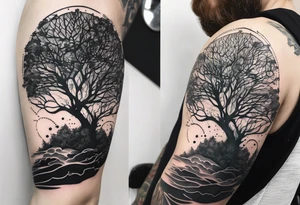 Sleeve tattoo of a technological tree that has some marine corps features tattoo idea
