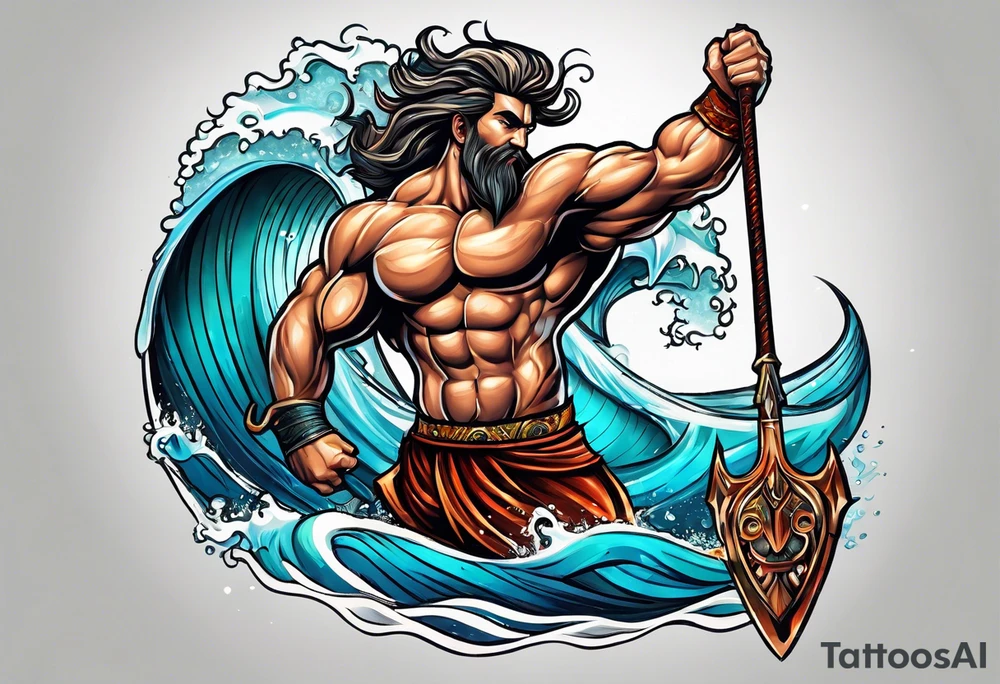 muscular
god 
posideon fighting a sport fish with a trident tattoo idea