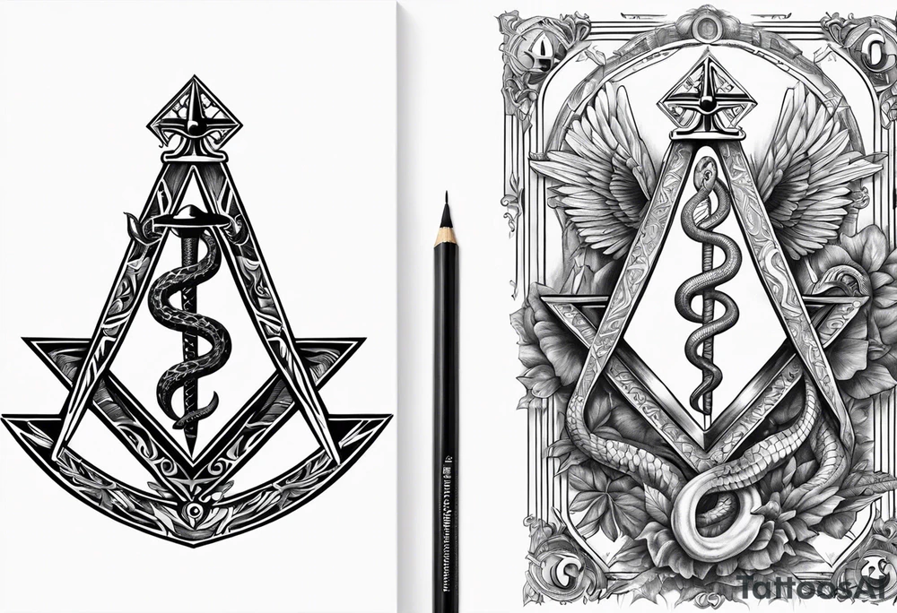 staff of caduceus square and compass freemason snakes tattoo idea