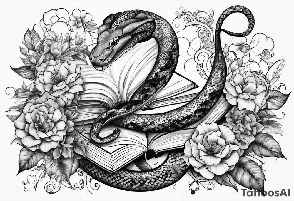 A long tattoo that includes a snake, books, stars and poisonous flowers tattoo idea
