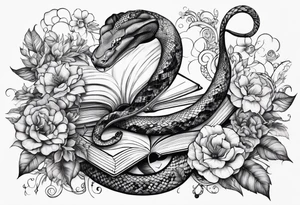 A long tattoo that includes a snake, books, stars and poisonous flowers tattoo idea