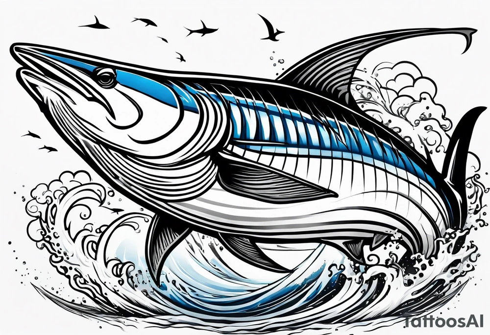 viking superhero catching a blue marlin with tuna jumping tattoo idea