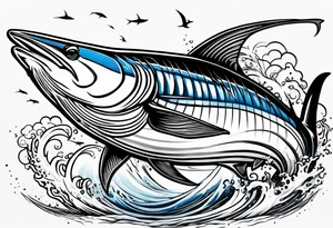 viking superhero catching a blue marlin with tuna jumping tattoo idea